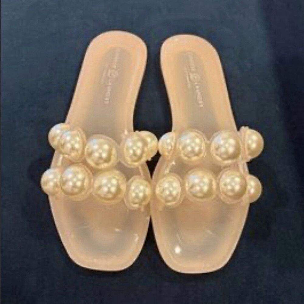 Chinese Laundry Women's Beige Jelly Slide Sandals Pearl Strap Size 6